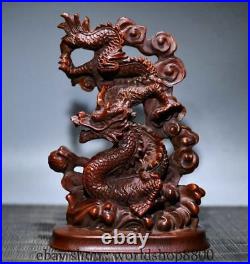 4.8 Rare Old Chinese Boxwood Wood Hand Carved Wealth Dragon Phoenix Statue