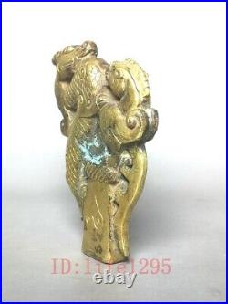 4 Chinese Ancient Bronze Gilt Carving Animal Dragon and Phoenix Crutch Handgrip