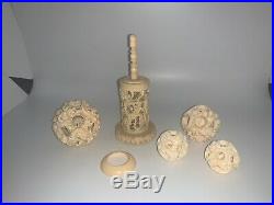 4 Chinese Bovine Bone Carved Puzzles Balls With Dragon Stand Heavily Detailed