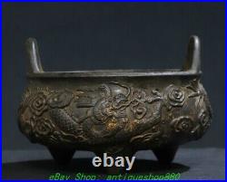 5.1'' Old Chinese Dynasty Marked Bronze Gilt Dragon 3 Leg Incense Burner Censer