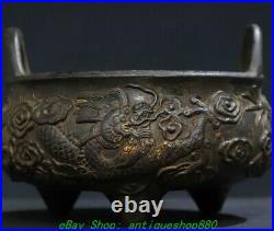 5.1'' Old Chinese Dynasty Marked Bronze Gilt Dragon 3 Leg Incense Burner Censer