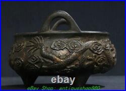 5.1'' Old Chinese Dynasty Marked Bronze Gilt Dragon 3 Leg Incense Burner Censer