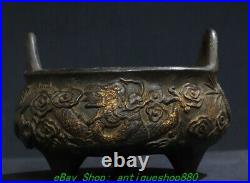 5.1'' Old Chinese Dynasty Marked Bronze Gilt Dragon 3 Leg Incense Burner Censer