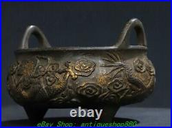 5.1'' Old Chinese Dynasty Marked Bronze Gilt Dragon 3 Leg Incense Burner Censer