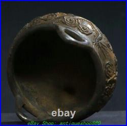 5.1'' Old Chinese Dynasty Marked Bronze Gilt Dragon 3 Leg Incense Burner Censer