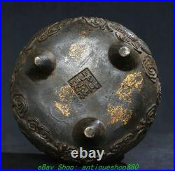 5.1'' Old Chinese Dynasty Marked Bronze Gilt Dragon 3 Leg Incense Burner Censer