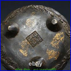 5.1'' Old Chinese Dynasty Marked Bronze Gilt Dragon 3 Leg Incense Burner Censer