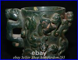 5.4 Old Chinese Green Jade Carved Dragon Handle Pi Xiu Drinking vessel Cup