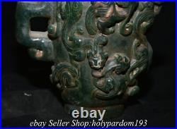 5.4 Old Chinese Green Jade Carved Dragon Handle Pi Xiu Drinking vessel Cup