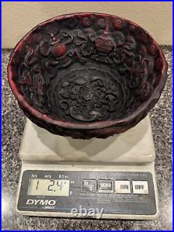 5.5 Old Chinese Red Lacquerware Carving Dynasty Dragon Bowl Bowls