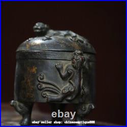 5.9 Old Chinese Dynasty Marked Bronze 3 Leg Dragon Beast Incense Burner Censer