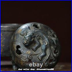 5.9 Old Chinese Dynasty Marked Bronze 3 Leg Dragon Beast Incense Burner Censer