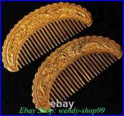 5 Antique Chinese Copper 24K Gold Gilt Dynasty Dragon Phoenix Beast Comb Pair