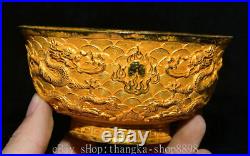 5 Antique Old Chinese Copper 24K Gold Gems Dynasty Palace Dragon Bowl