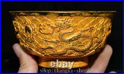 5 Antique Old Chinese Copper 24K Gold Gems Dynasty Palace Dragon Bowl