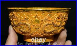 5 Antique Old Chinese Copper 24K Gold Gems Dynasty Palace Dragon Bowl