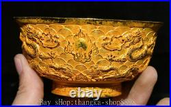 5 Antique Old Chinese Copper 24K Gold Gems Dynasty Palace Dragon Bowl