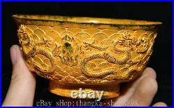 5 Antique Old Chinese Copper 24K Gold Gems Dynasty Palace Dragon Bowl