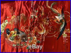 5-Claw Dragon Coral SUN Antique Chinese Silk Embroidered Panel HUGE Embroidery