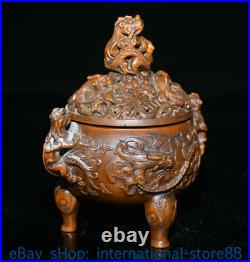 5 Old Chinese Boxwood Hand-carved Feng Shui Dragon Beast Ear Incense Burners