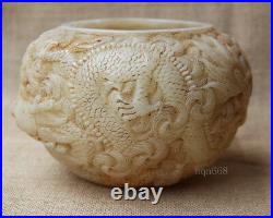 5 Old White Jade Hand carved double dragon wash brush pot jar