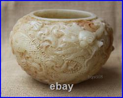 5 Old White Jade Hand carved double dragon wash brush pot jar