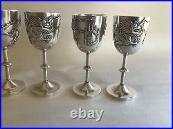 5 Vintage Expot Chinese Cups Dragon Chasing Applied Flaming Pearl Cordial Silver