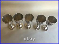 5 Vintage Expot Chinese Cups Dragon Chasing Applied Flaming Pearl Cordial Silver