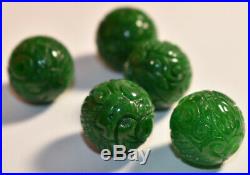 5 Vintage Imperial Jade Carved Dragon 17mm Huge Beads Estate Chinese Lot Rare