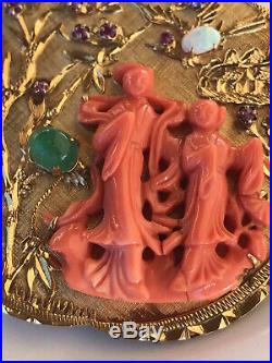 50g Old Chinese 16k Gold Carved Coral Dragon Bird Paradise Figural Disc Pendant