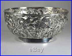 539 gr ANTIQUE CHINESE EXPORT SOLID SILVER DRAGON BOWL CHINA 1900 KC SHANGHAI