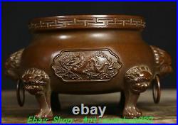 6.1''Old Chinese Bronze Dragon Phoenix Beast Head 4 Leg Incense Burner Censer