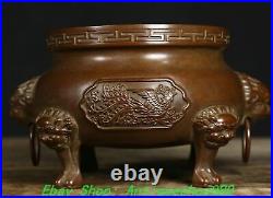 6.1''Old Chinese Bronze Dragon Phoenix Beast Head 4 Leg Incense Burner Censer