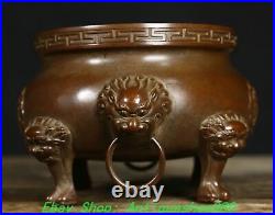 6.1''Old Chinese Bronze Dragon Phoenix Beast Head 4 Leg Incense Burner Censer