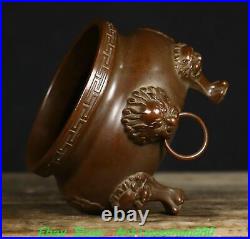 6.1''Old Chinese Bronze Dragon Phoenix Beast Head 4 Leg Incense Burner Censer