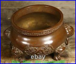 6.1''Old Chinese Bronze Dragon Phoenix Beast Head 4 Leg Incense Burner Censer