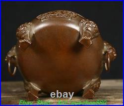 6.1''Old Chinese Bronze Dragon Phoenix Beast Head 4 Leg Incense Burner Censer