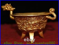 6.1 Old Chinese Bronze Gilt Dynasty Dragon Beast Head 3 Leg Wine Cup Mug