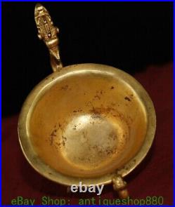 6.1 Old Chinese Bronze Gilt Dynasty Dragon Beast Head 3 Leg Wine Cup Mug