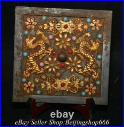 6.4 Old Chinese Bronze Gilt Inlay Gems Dynasty Double Dragon Copper Mirror 6.4 Old Chinese Bronze Gilt Inlay Gems Dynasty Double Dragon Copper Mirror