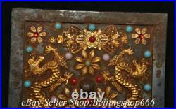 6.4 Old Chinese Bronze Gilt Inlay Gems Dynasty Double Dragon Copper Mirror 6.4 Old Chinese Bronze Gilt Inlay Gems Dynasty Double Dragon Copper Mirror