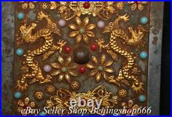 6.4 Old Chinese Bronze Gilt Inlay Gems Dynasty Double Dragon Copper Mirror 6.4 Old Chinese Bronze Gilt Inlay Gems Dynasty Double Dragon Copper Mirror