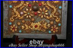 6.4 Old Chinese Bronze Gilt Inlay Gems Dynasty Double Dragon Copper Mirror 6.4 Old Chinese Bronze Gilt Inlay Gems Dynasty Double Dragon Copper Mirror