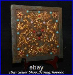 6.4 Old Chinese Bronze Gilt Inlay Gems Dynasty Double Dragon Copper Mirror 6.4 Old Chinese Bronze Gilt Inlay Gems Dynasty Double Dragon Copper Mirror