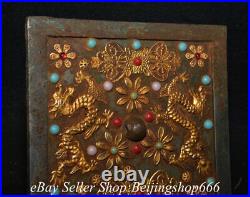 6.4 Old Chinese Bronze Gilt Inlay Gems Dynasty Double Dragon Copper Mirror 6.4 Old Chinese Bronze Gilt Inlay Gems Dynasty Double Dragon Copper Mirror
