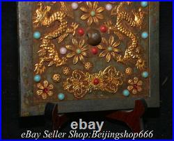 6.4 Old Chinese Bronze Gilt Inlay Gems Dynasty Double Dragon Copper Mirror 6.4 Old Chinese Bronze Gilt Inlay Gems Dynasty Double Dragon Copper Mirror