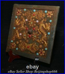 6.4 Old Chinese Bronze Gilt Inlay Gems Dynasty Double Dragon Copper Mirror 6.4 Old Chinese Bronze Gilt Inlay Gems Dynasty Double Dragon Copper Mirror