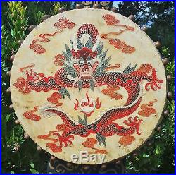 6.5 FEET TALL! CHINESE DRAGON DRUM antique red lacquer painting vtg art stand