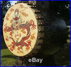 6.5 FEET TALL! CHINESE DRAGON DRUM antique red lacquer painting vtg art stand