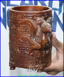 6.6'' Chinese Old Jade Carving Dragon Loong Phoenix Phenix Animal Zun Wine Cup